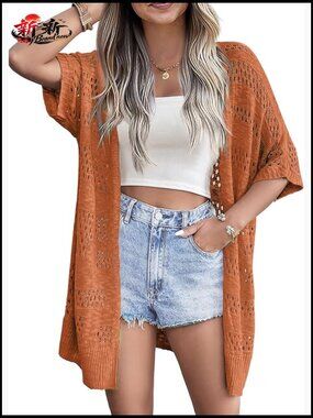 Lightweight Crochet Short Sleeve Cardigan Kimono Boho Oversized Open Front Knit